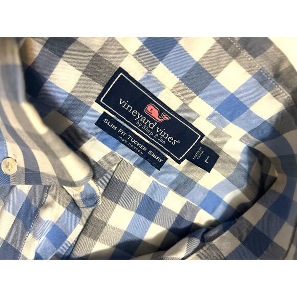 Vineyard Vines Men Button Down Blue Plaid Long Sleeve Size Large Slim Fit Tucker - Picture 3 of 10